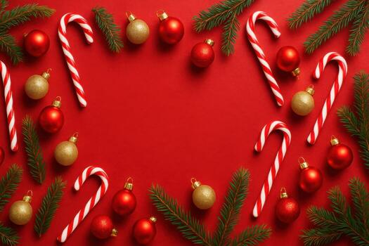 Festive Christmas background with a heart shaped frame of candy canes fir branches and baubles on a red surface. photo