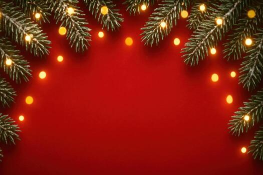 Festive Christmas Fir Branches with Warm Lights on Red Background. photo