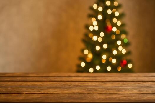 Empty wooden table top with blurred Christmas tree background for product display photo