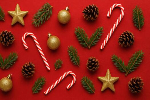 Christmas flat lay pattern with candy canes pine cones and ornaments on a red background. photo