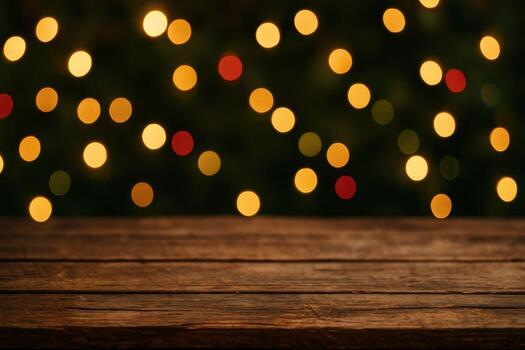 Rustic wooden table top with blurred festive bokeh lights background. photo