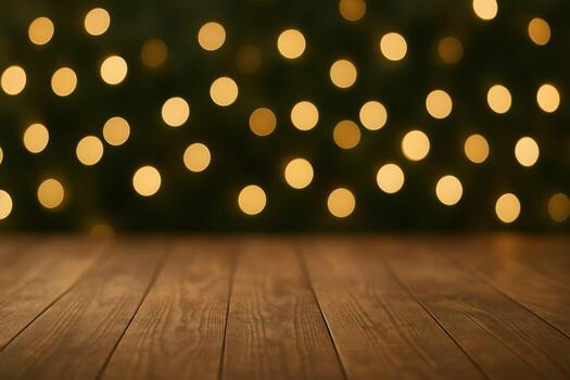 Empty Wooden Table Top with Golden Bokeh Lights Background for Product Display. photo