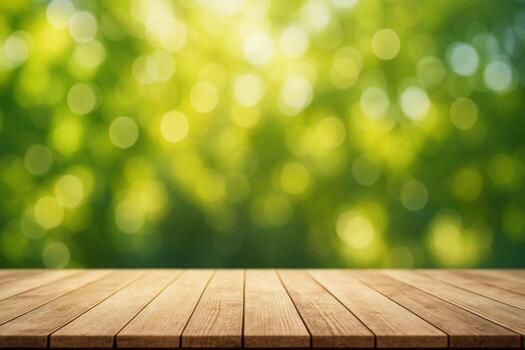 Empty wooden table top with blurred green nature background for product display. photo