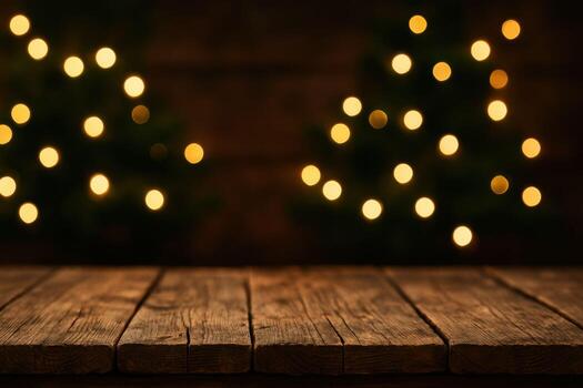 Empty rustic wooden table with festive blurred Christmas tree lights background for product display. photo