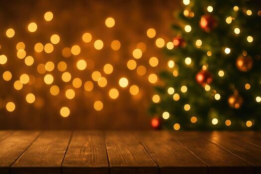 Empty wooden table top with blurred Christmas tree and golden bokeh lights background. photo