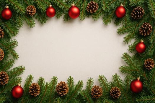 Festive Christmas Frame with Pine Cones and Red Ornaments. photo