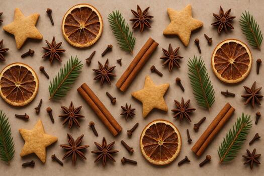 Christmas cookies and spices arranged on a light brown background. photo