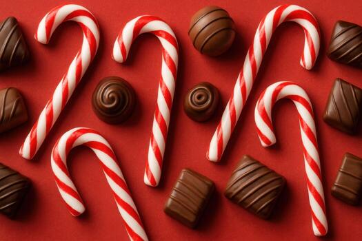 Festive Candy Canes and Chocolates on Red Background. photo