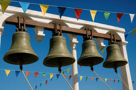Four antique bells hanging on a white wooden structure with colorful triangular flags. photo