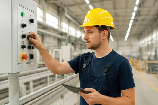 Factory worker operating machinery with tablet in hand. photo