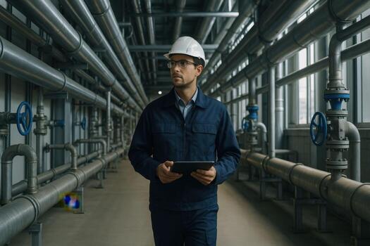 Engineer Inspecting Industrial Piping System with Tablet. photo