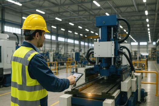 Factory worker operating machinery with tablet in industrial setting. photo