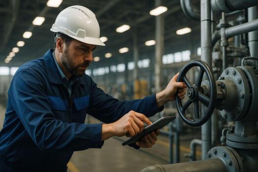 Male engineer in a hard hat using a digital tablet while operating industrial machinery in a modern factory. photo