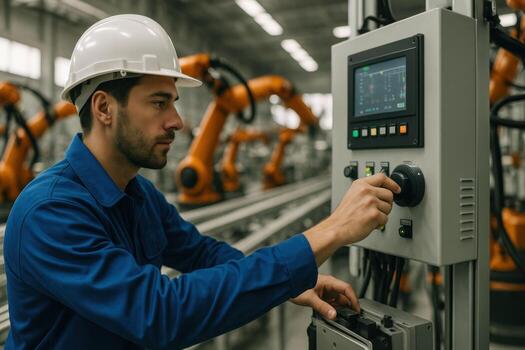 Male Engineer Operating Robotic Arm Control Panel in a Modern Factory. photo