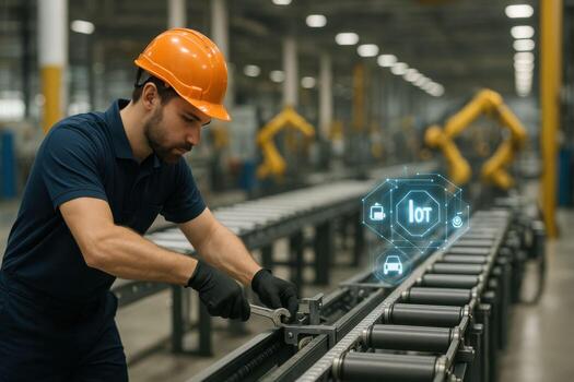 Factory worker inspecting conveyor belt with IoT interface. photo