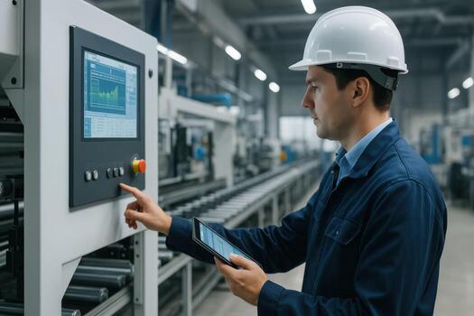 Factory worker operating machinery with digital tablet and control panel. photo