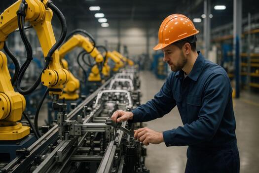 Industrial engineer inspecting automated machinery in a modern factory setting. photo
