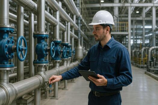 Industrial worker inspecting pipeline valves in a factory. photo