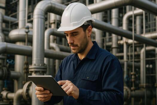 Male industrial engineer using a digital tablet for maintenance checks in a modern factory with complex piping. photo