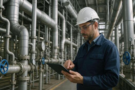 Industrial worker using tablet in a factory setting. photo