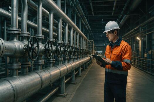 Engineer inspecting industrial pipelines with tablet in a factory. photo