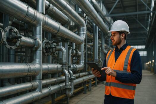 Engineer Inspecting Industrial Pipes with Tablet in Factory. photo
