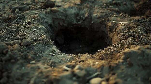 Deep pit in the dry ground photo