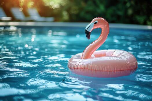 Pink flamingo inflatable float in a swimming pool during sunny day photo