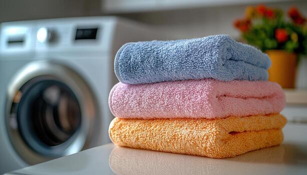 Neatly folded towels in pastel colors on a countertop with a washing machine and potted plant in the background photo