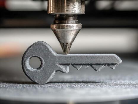 3d printer nozzle creating a detailed metallic key layer by layer showcasing additive manufacturing and precision engineering technology in industrial production photo