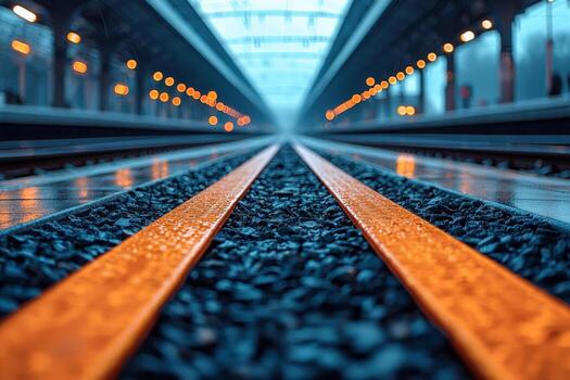 View of railway tracks in a modern train station with vibrant lighting and perspective distance photo