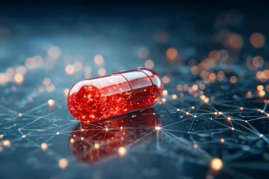 de cerca de un brillante rojo cápsula lleno con espumoso partículas descansando en un futurista red superficie con iluminado interconectado nodos y líneas foto