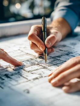 Hands collaborating on architectural blueprints with pen and finger pointing during detailed building design planning session in bright office environment photo