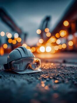 Protective helmet with safety goggles placed on a wet industrial site ground during twilight with blurred lights creating a warm bokeh effect in the background photo