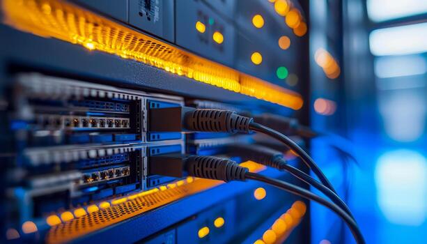 Close-up of network server rack with ethernet cables and illuminated status lights photo