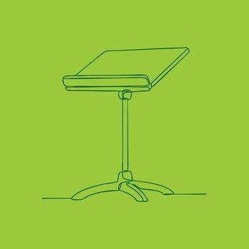 Music stand with adjustable height and a flat for holding sheet music or documents, set against a plain vector