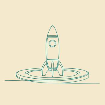 Minimalist Line Drawing of a Rocket Launching from a Circular Platform on a Neutral vector