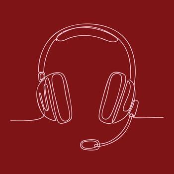 Minimalist Continuous Line Drawing of a Headset with Microphone on Deep Red vector