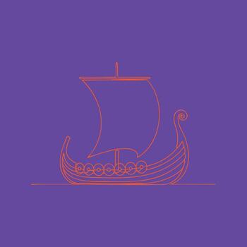 Minimalist line art of an ancient sailing vessel with a curved prow and single mast on a solid vector