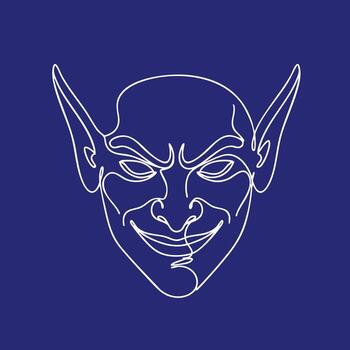 Minimalist Line Drawing of a Mischievous Goblin with Pointed Ears and a Playful Expression on a Dark Blue vector