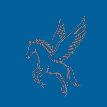 Elegant winged horse with detailed wings and flowing mane depicted in a continuous line drawing on a solid vector