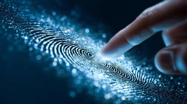 Finger touching illuminated digital fingerprint pattern symbolizing biometric security and advanced identity authentication technology in a futuristic setting photo
