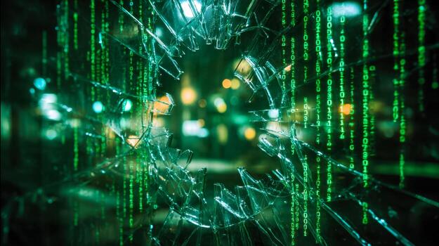 Broken glass with digital code in a hacking-themed digital environment photo