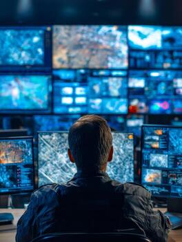 Control room operator monitoring multiple security camera feeds and surveillance screens photo