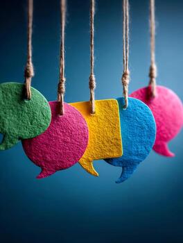 Colorful paper speech bubbles hanging on strings with a moody dark blue background symbolizing communication and diverse conversations in social and digital media context photo