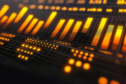 Illuminated digital equalizer with colorful sound levels and controls on audio mixing console photo