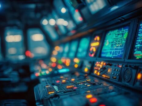 Futuristic control panel with illuminated buttons and screens inside a high-tech command center featuring advanced electronic monitoring systems photo