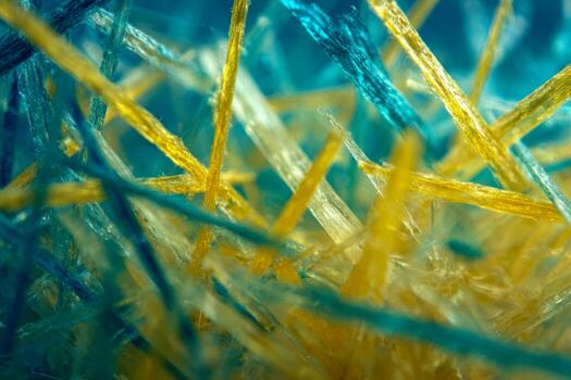 Intricate pattern of colorful intertwined fibers in blue and yellow shades creating a soft abstract textured background with depth and vibrant contrast photo