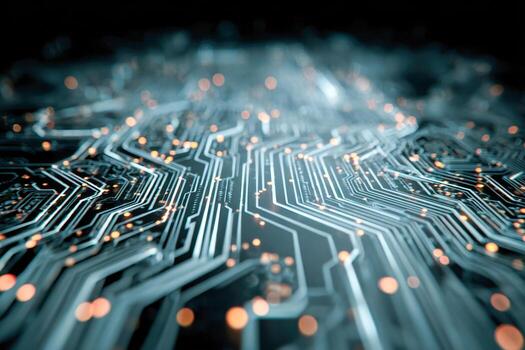 Close-up view of an illuminated electronic circuit board with glowing connections symbolizing advanced technology and digital innovation pathways photo