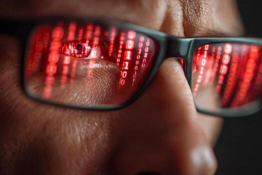 Close-up of a person wearing glasses with red digital binary code reflection representing cybersecurity and data analysis concepts photo